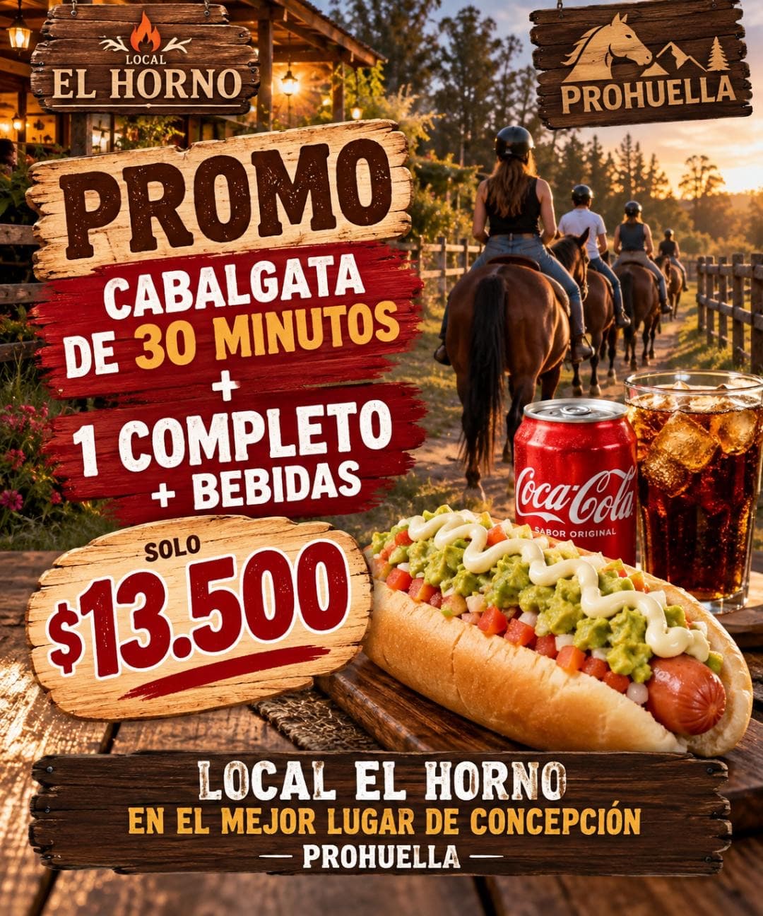 Local El Horno, Prohuella: promo cabalgata de 30 minutos más 1 completo más bebidas, solo $13.500.