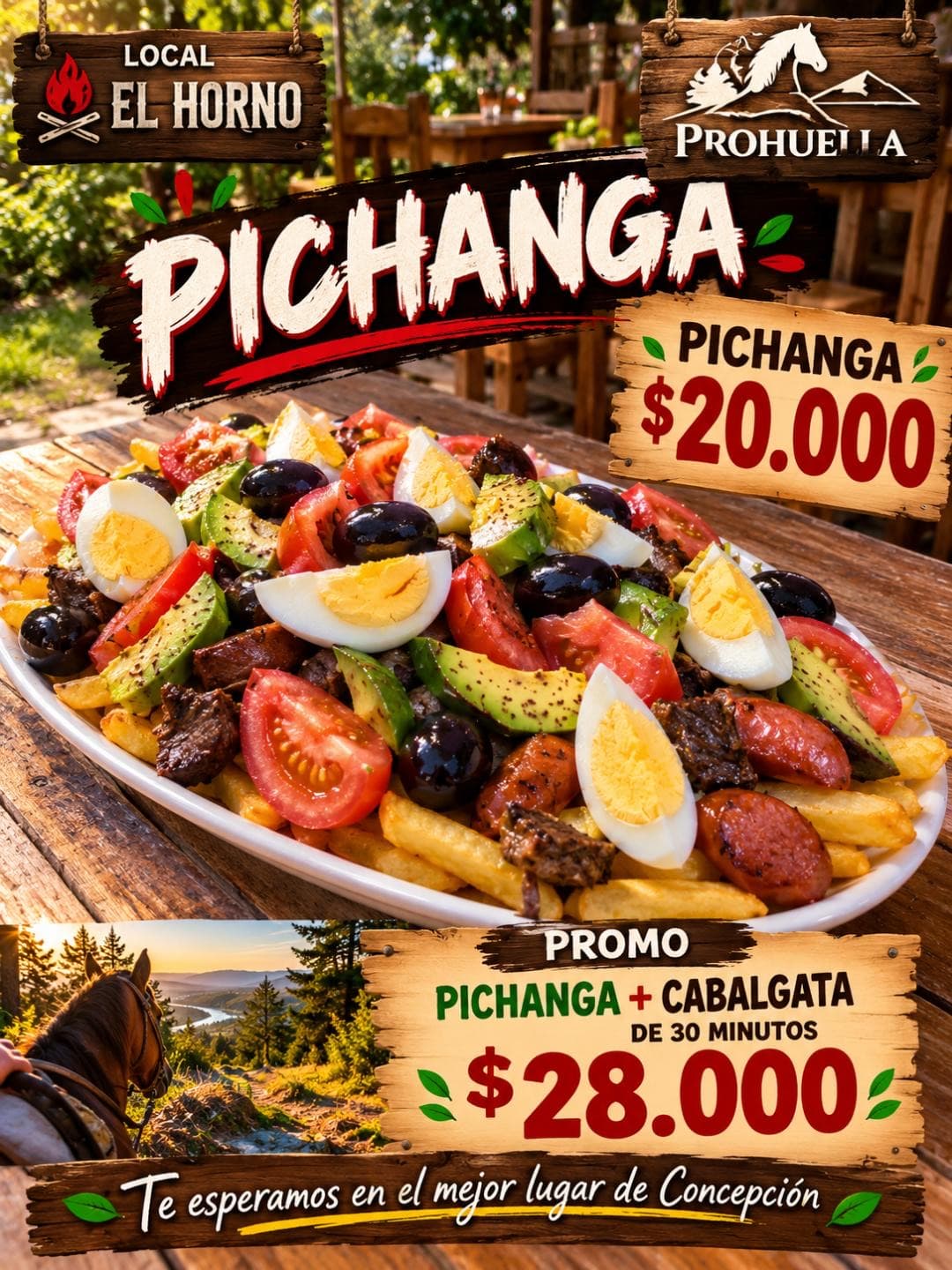 Local El Horno, Prohuella: pichanga $20.000; promo pichanga más cabalgata de 30 minutos $28.000.