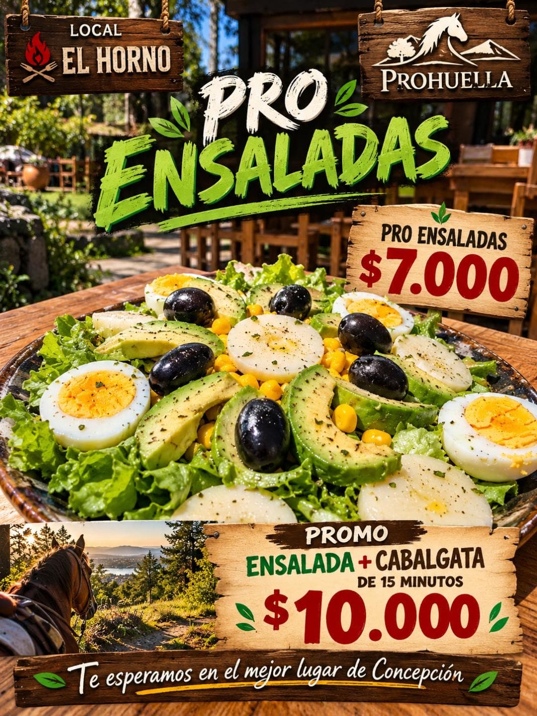 Local El Horno, Prohuella: Pro Ensaladas $7.000; promo ensalada más cabalgata de 15 minutos $10.000.