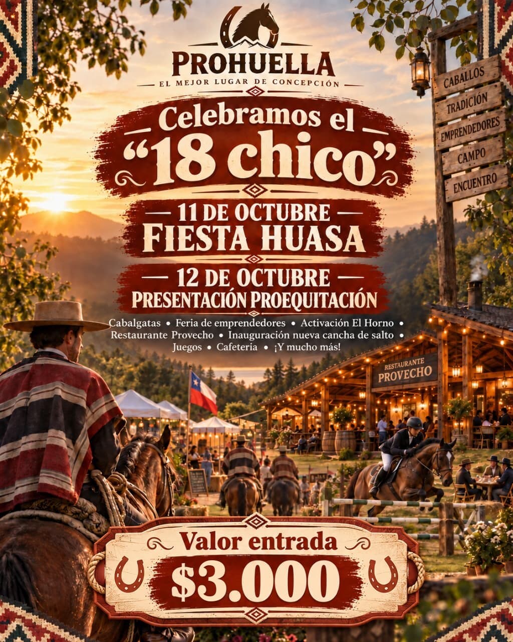 Flyer Celebramos el 18 chico en Prohuella: 11 de octubre Fiesta Huasa, 12 de octubre Presentación Proequitación, entrada $3.000