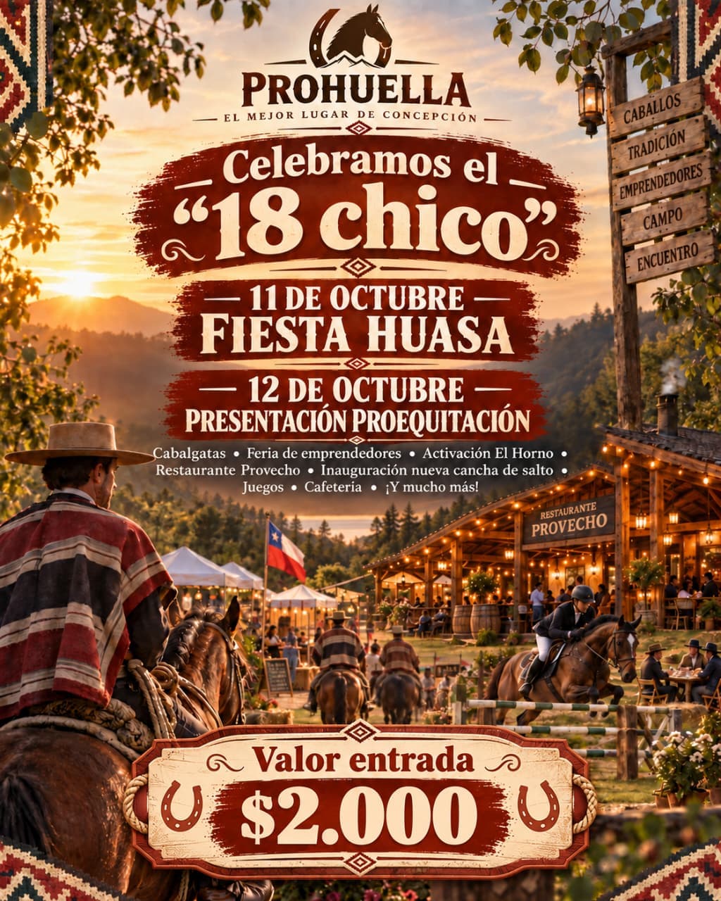 Flyer Celebramos el 18 chico en Prohuella: 11 de octubre Fiesta Huasa, 12 de octubre Presentación Proequitación, entrada $2.000